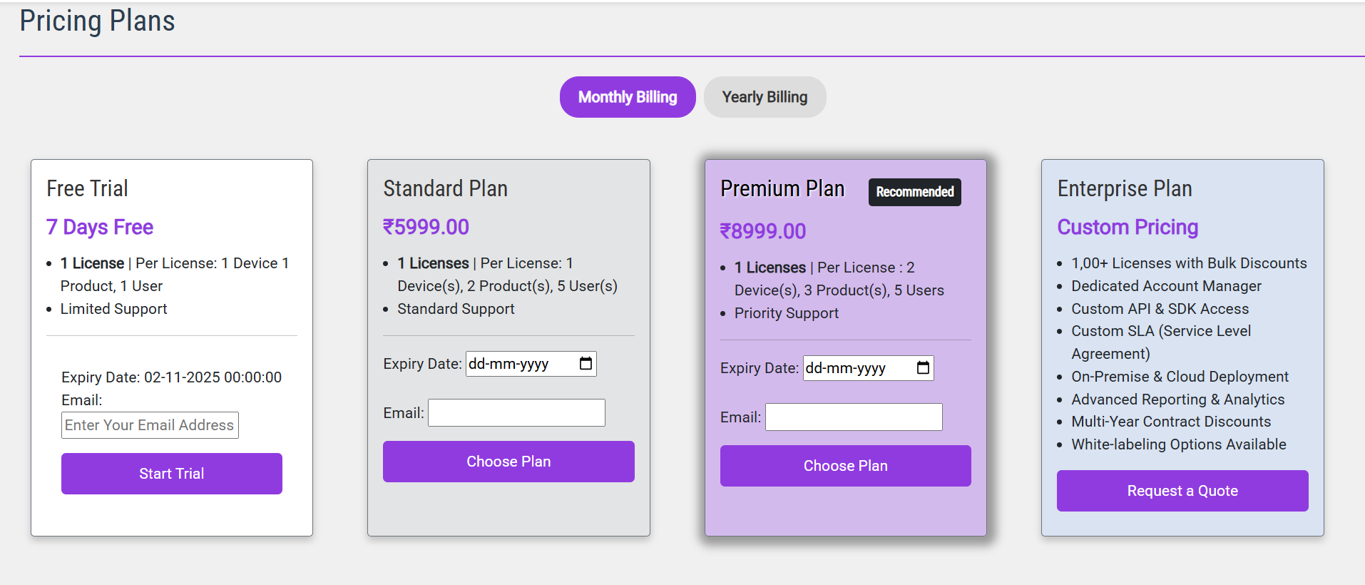 SaaS Portal Plan Purchase Screen